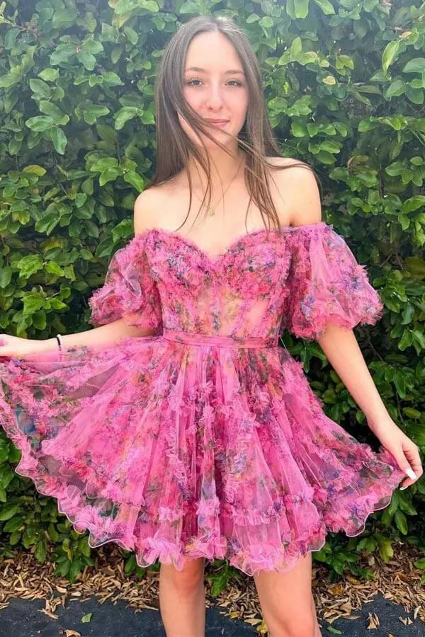 Fuchsia Tulle A-line Puff Sleeves Off Shoulder Homecoming Dresses, MH653