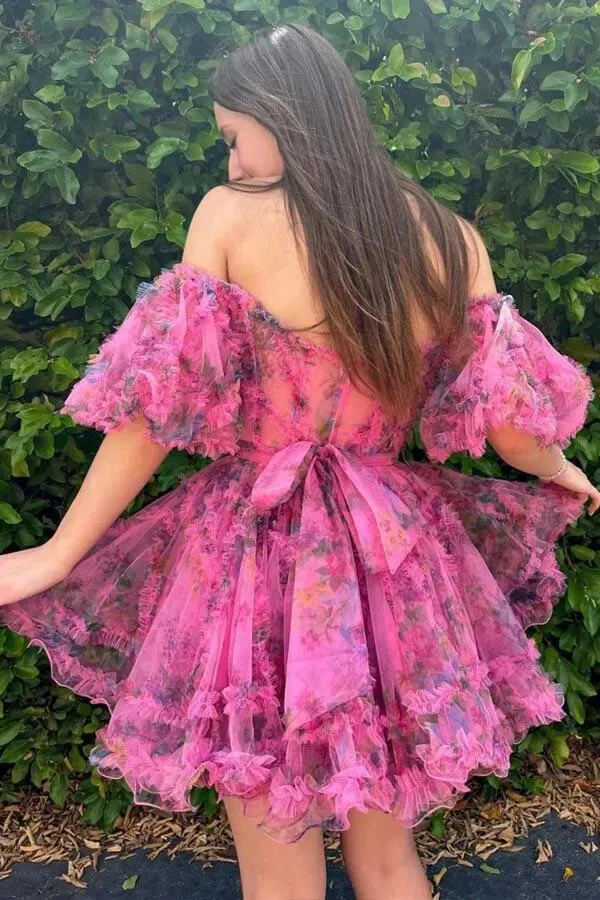 Fuchsia Tulle A-line Puff Sleeves Off Shoulder Homecoming Dresses, MH653