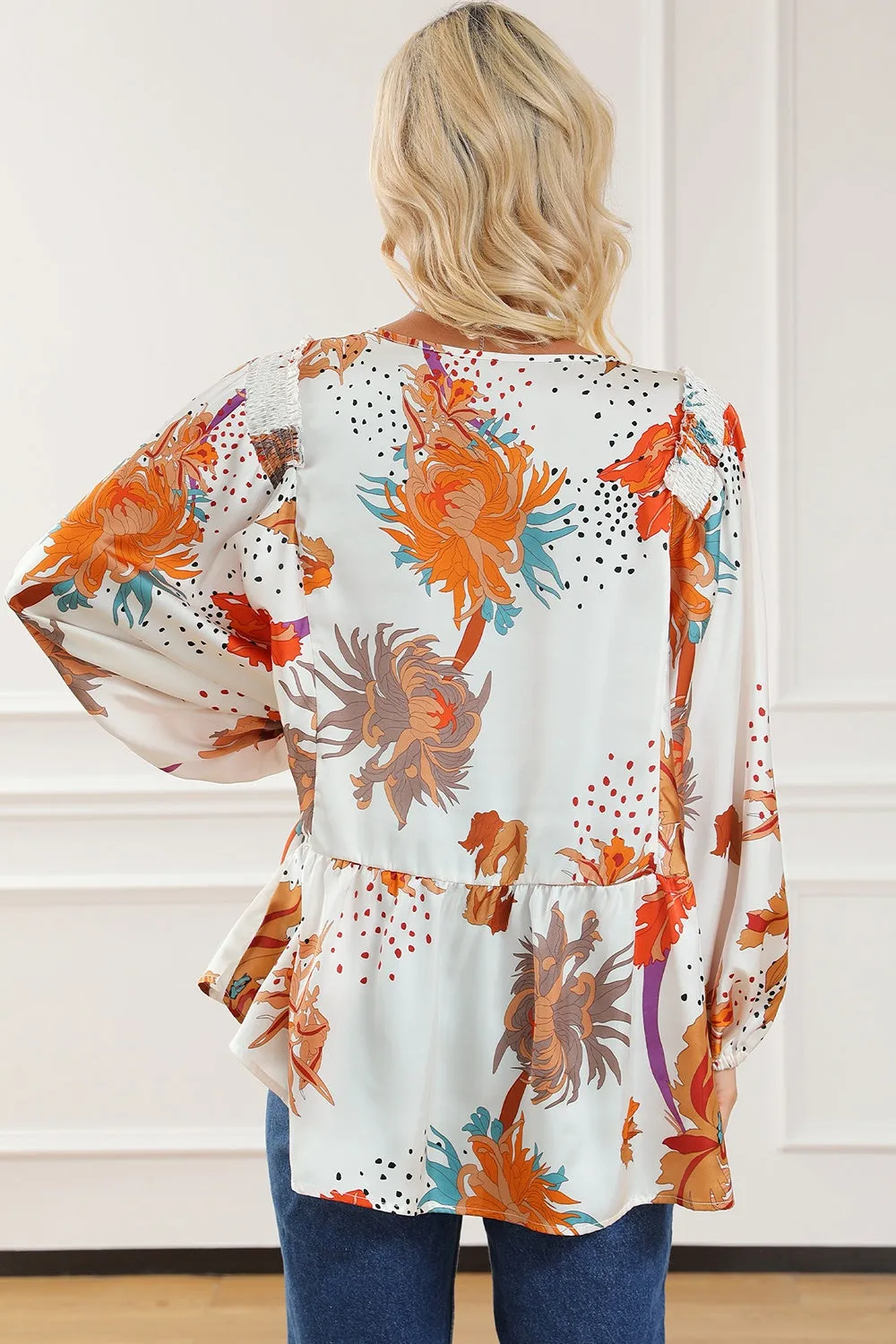 Gedrukte V-Hals Smocked Ballonmouw Blouse