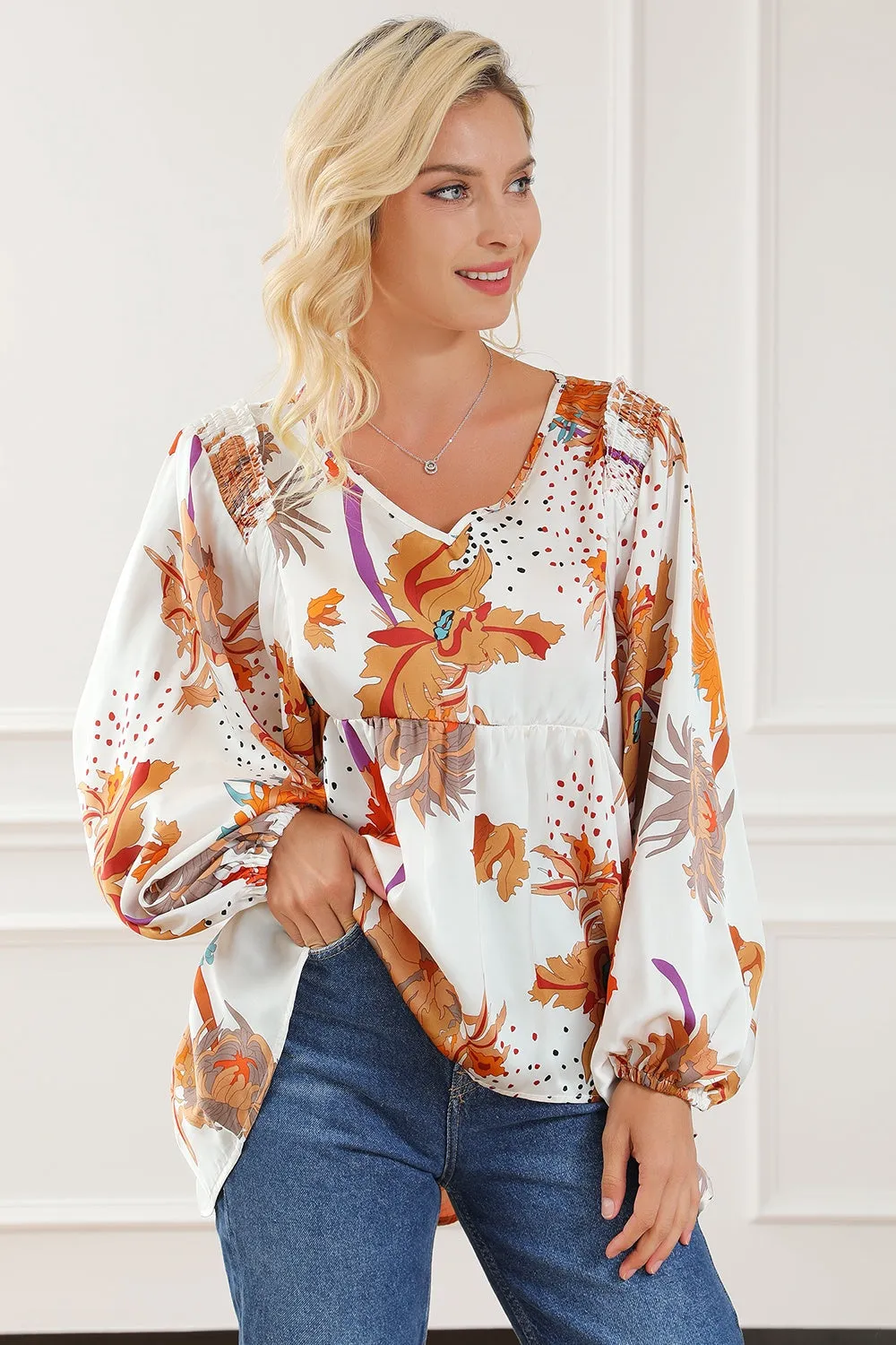 Gedrukte V-Hals Smocked Ballonmouw Blouse