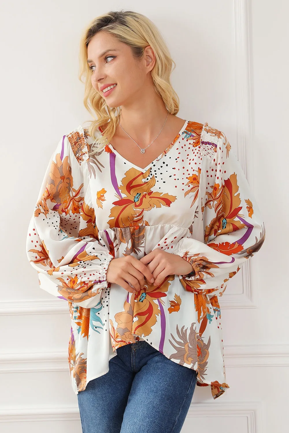 Gedrukte V-Hals Smocked Ballonmouw Blouse
