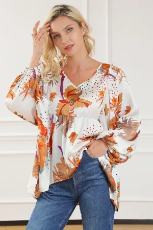 Gedrukte V-Hals Smocked Ballonmouw Blouse