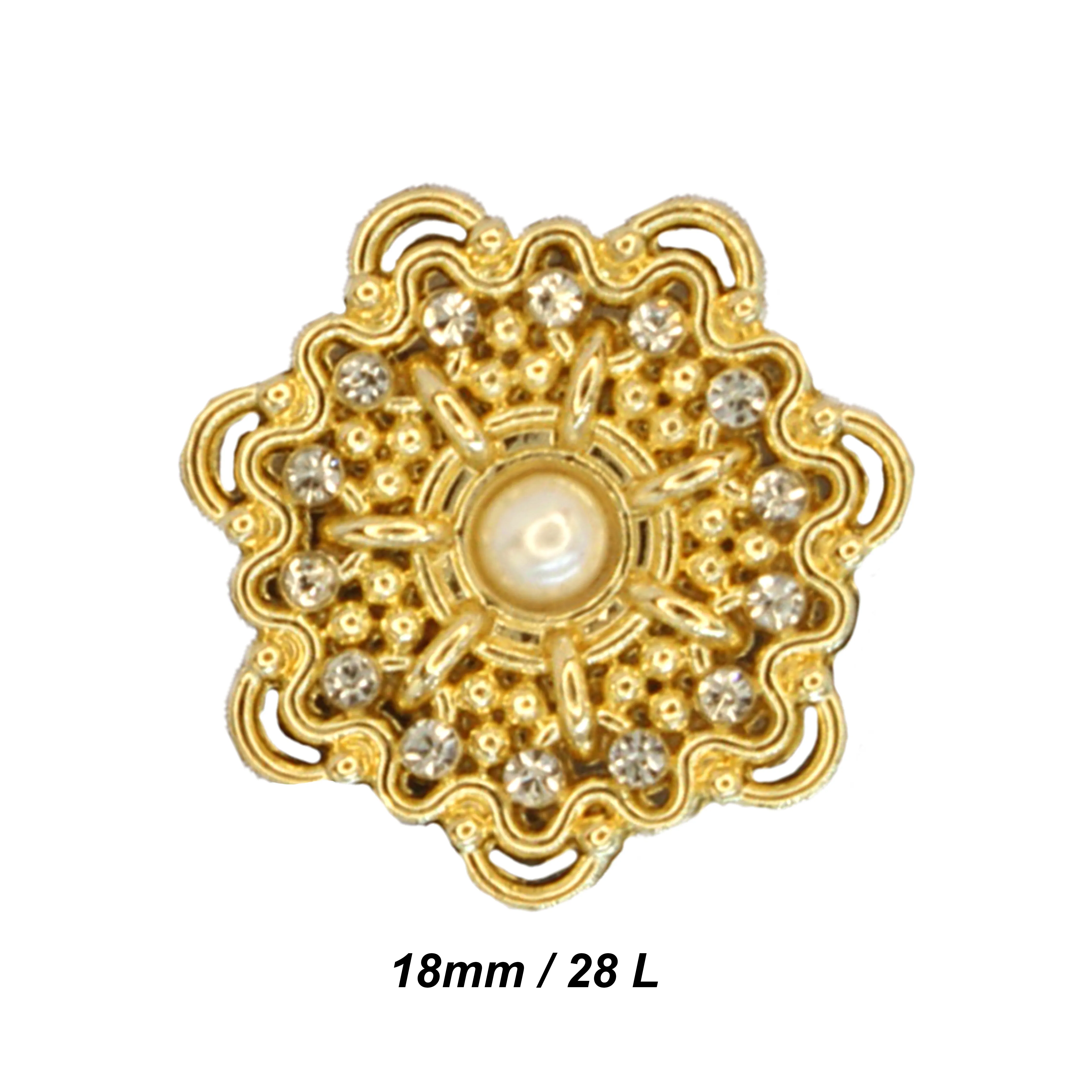 Gold Floral Metal Button with Diamond and Pearl Accents