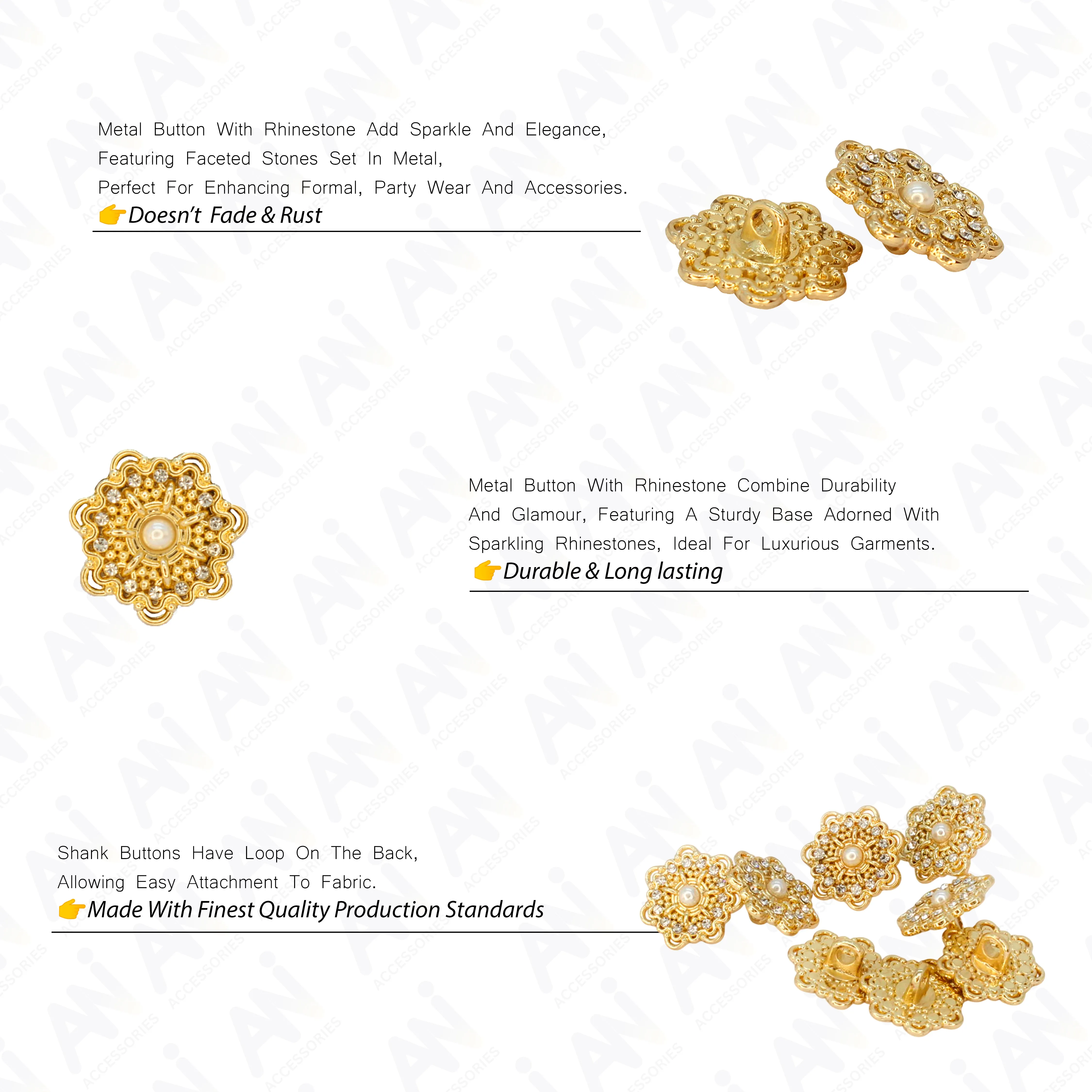 Gold Floral Metal Button with Diamond and Pearl Accents