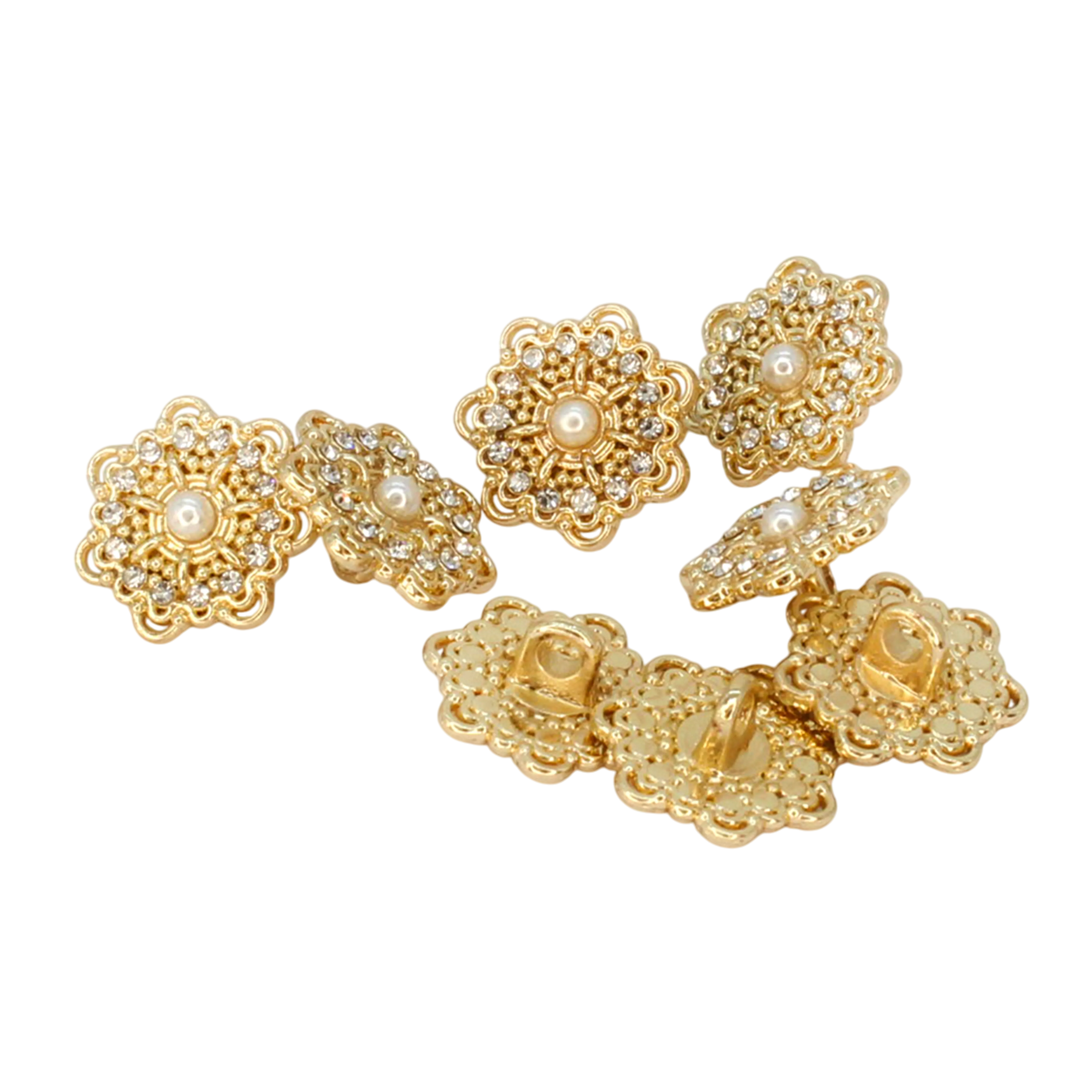 Gold Floral Metal Button with Diamond and Pearl Accents