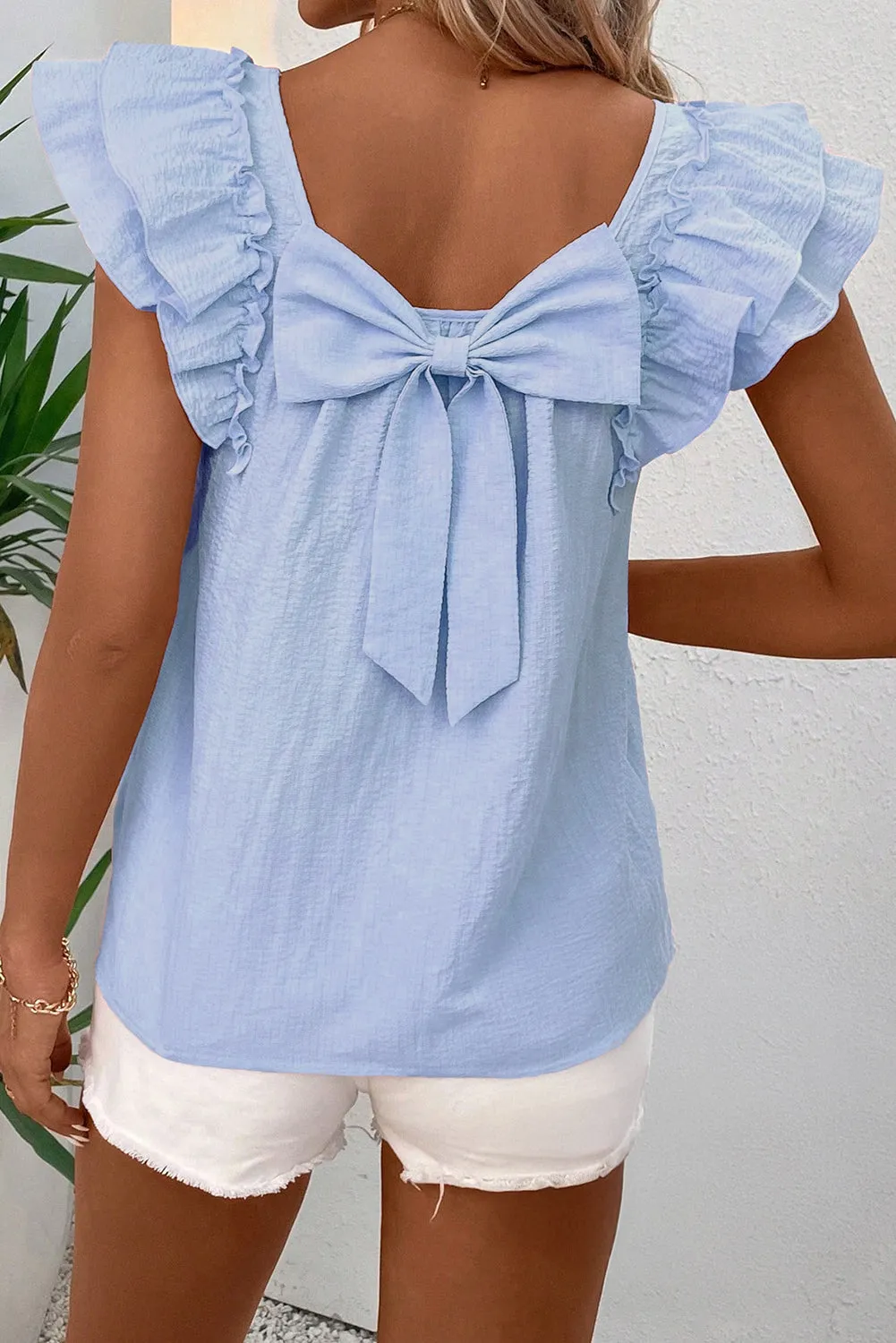Gossamer Pink Textured Bow Knot Frilled Butterfly Sleeve Blouse