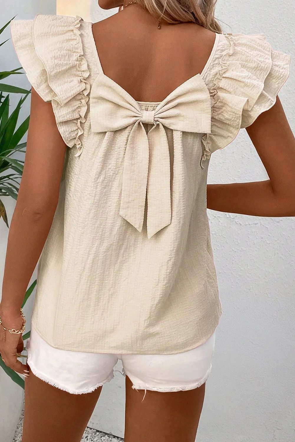 Gossamer Pink Textured Bow Knot Frilled Butterfly Sleeve Blouse