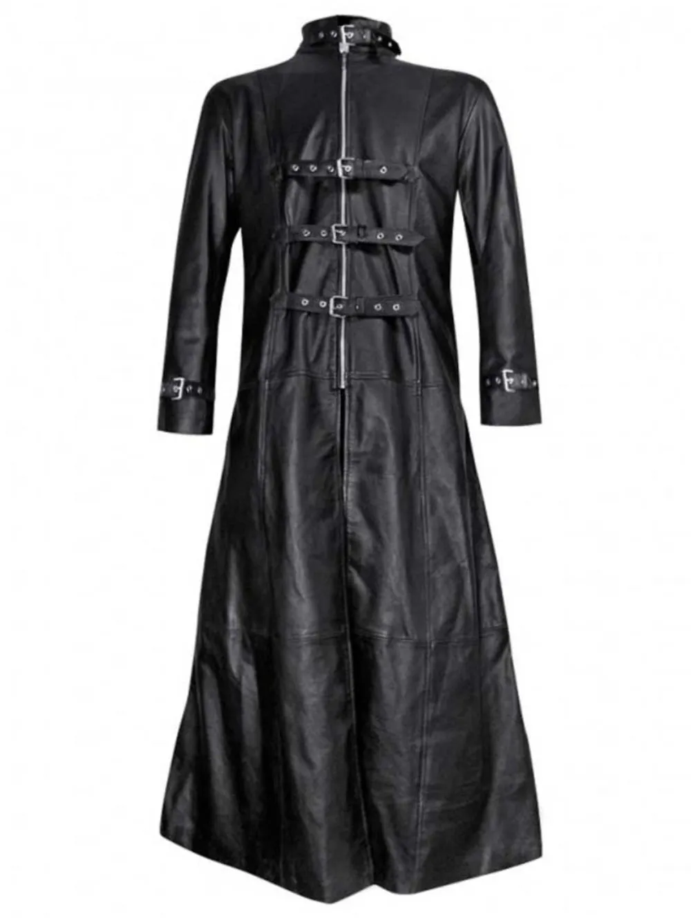 Gothic Leather Trench Coat with Buckle Straps for Men