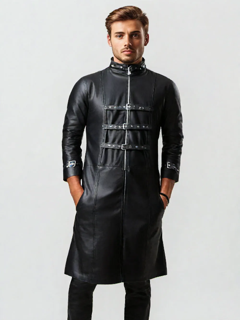 Gothic Leather Trench Coat with Buckle Straps for Men