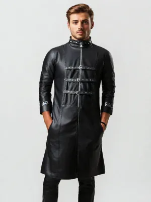 Gothic Leather Trench Coat with Buckle Straps for Men