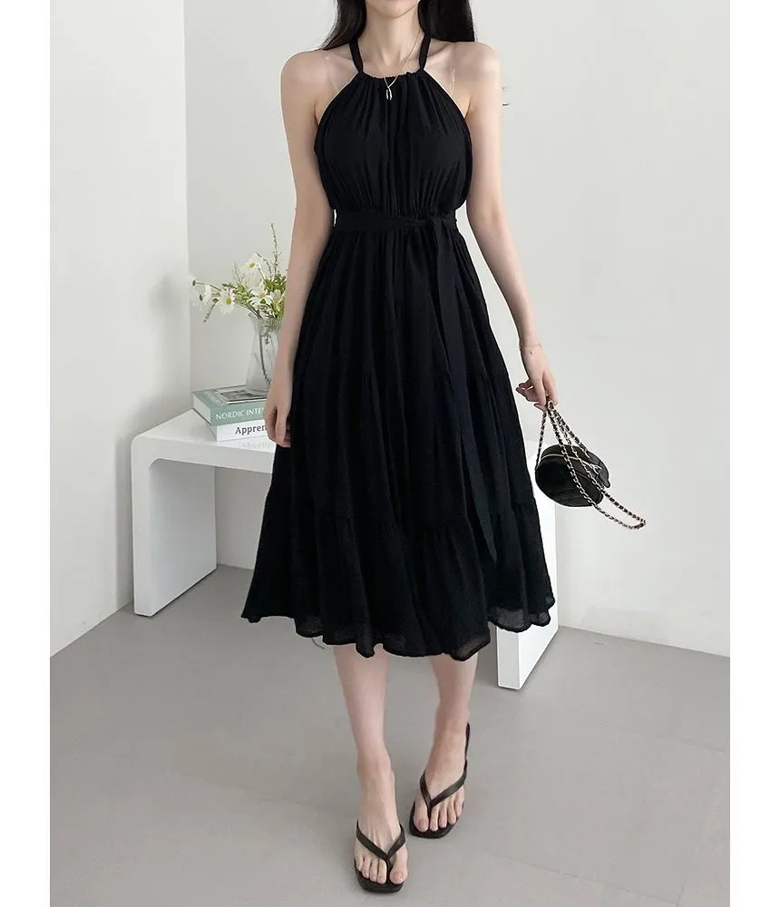 Halter Plain Tiered Midi A-Line Sundress
