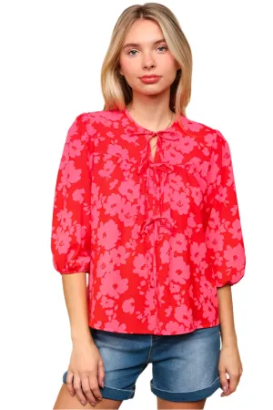 Haptics Ribbon Bow Floral Balloon Sleeve Blouse