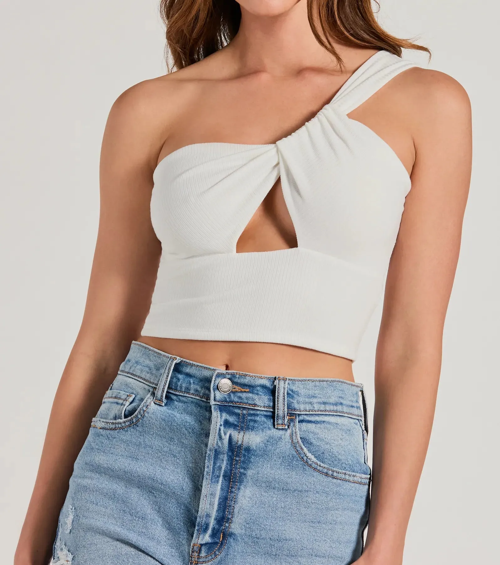 Here To Slay One-Shoulder Cutout Knit Crop Top