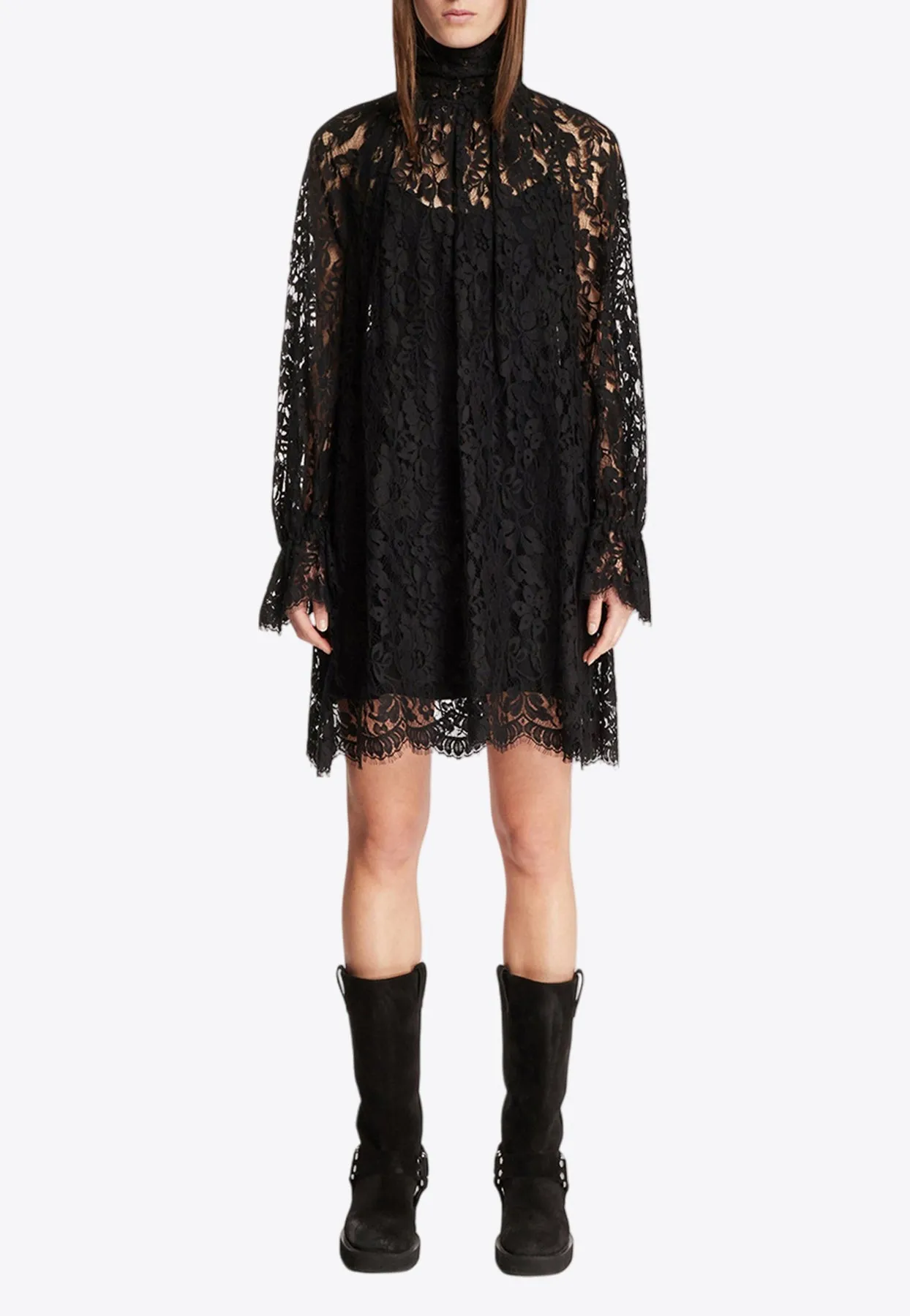 High-Neck Lace Mini Dress