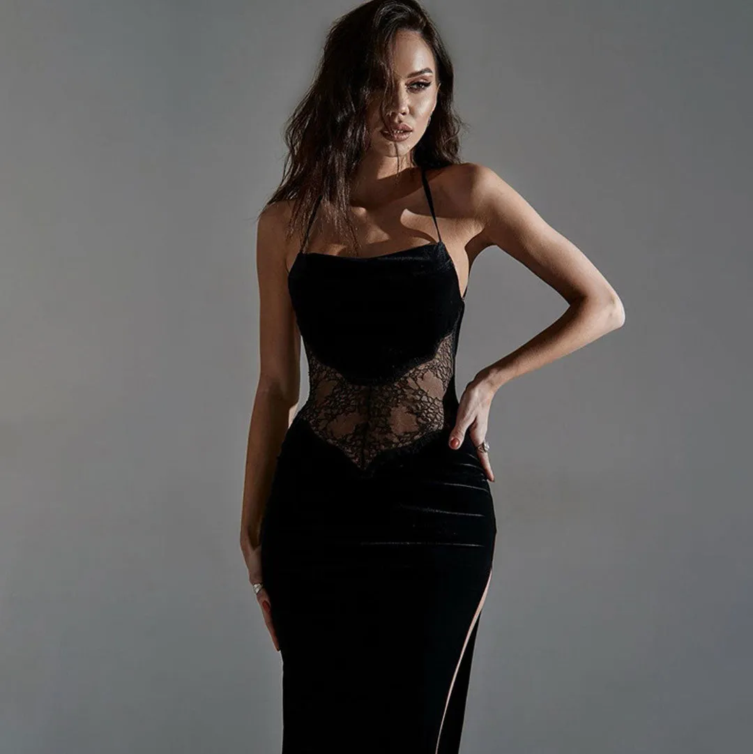 High Split Floral Velvet Lace Backless Slip Maxi Dress - Black