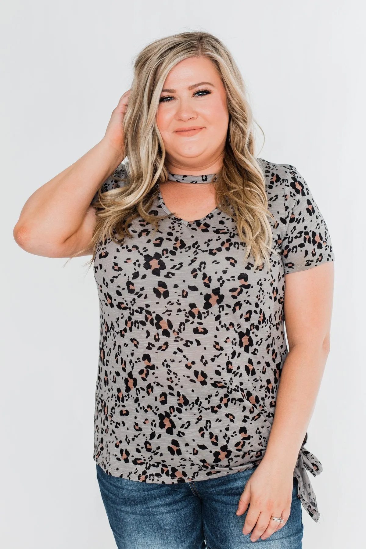 Into The Wild Leopard Tie Top- Slate Grey