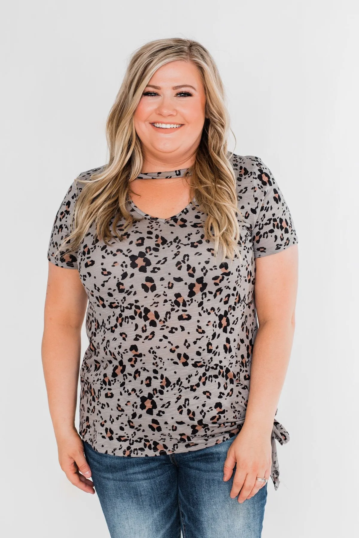 Into The Wild Leopard Tie Top- Slate Grey
