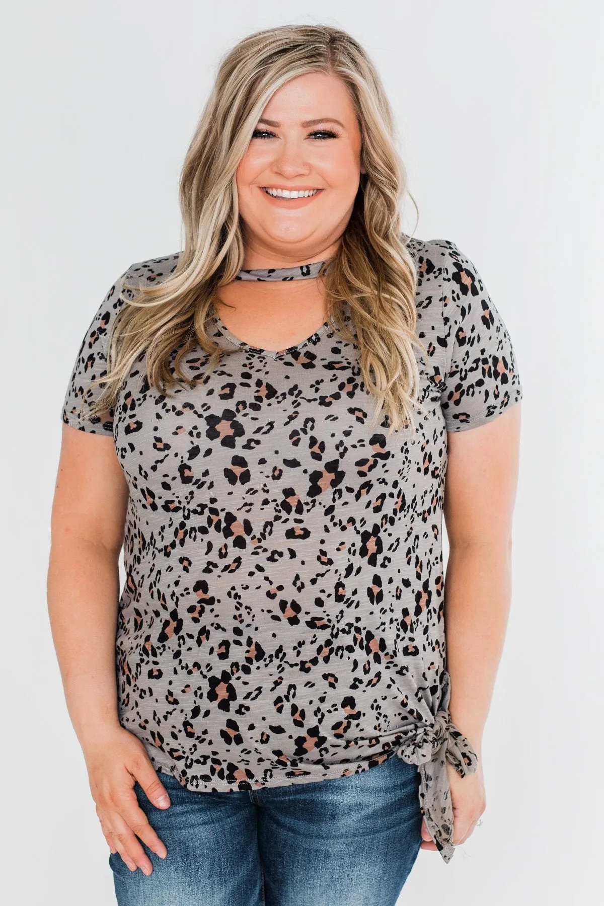 Into The Wild Leopard Tie Top- Slate Grey