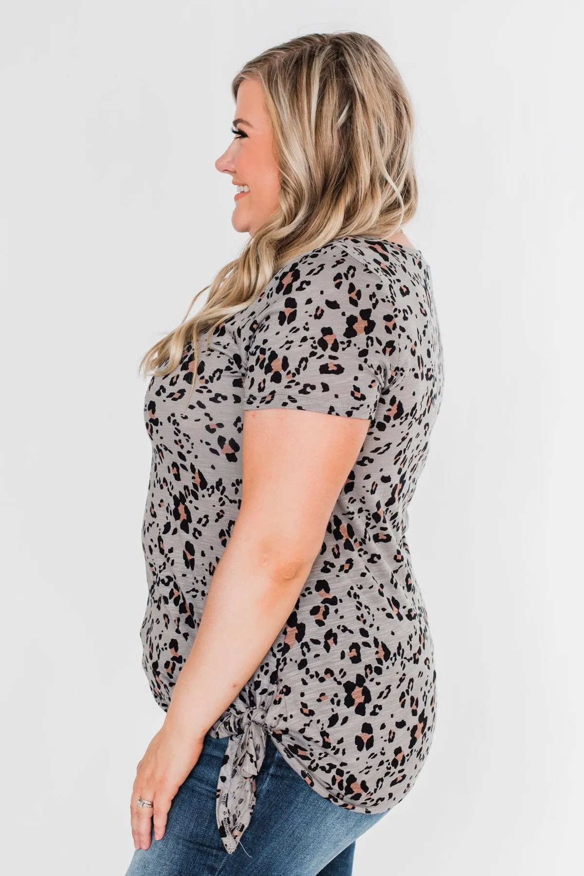 Into The Wild Leopard Tie Top- Slate Grey