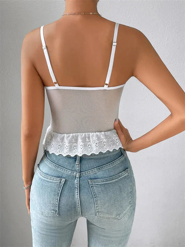 JazzHer 2024 Lace Flowers Camis Low-cut Hollow Out Tie-up Irregular Hem Slim Fit Summer Vest  Crop Tops