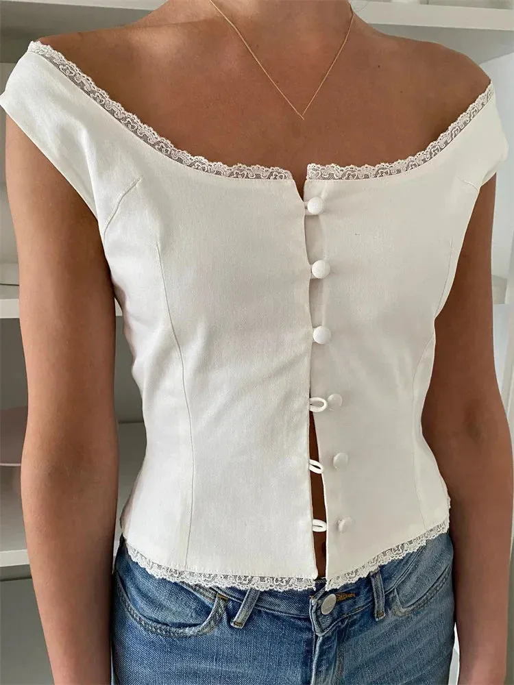 JazzHer 2024 Low Cut O-neck Tank Elegant Buttons Up Lace Patchwork White Solid Sleeveless Vest Streetwear Crop Tops