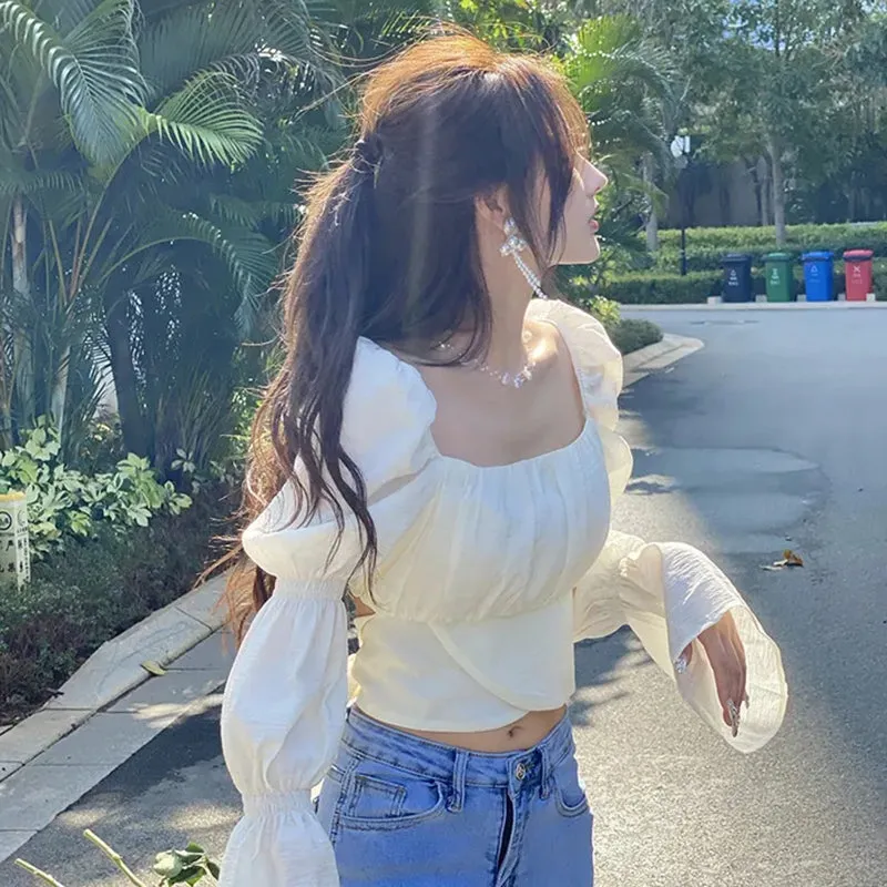 JazzHer Flare Sleeve Blouses Women Bow Bandage Sweet Crop Long Sleeve Blouse Female Sexy Chic Slim Square Collar Tops New