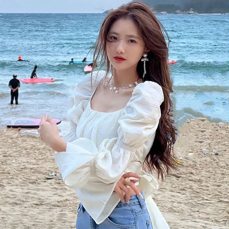 JazzHer Flare Sleeve Blouses Women Bow Bandage Sweet Crop Long Sleeve Blouse Female Sexy Chic Slim Square Collar Tops New