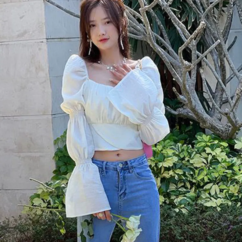 JazzHer Flare Sleeve Blouses Women Bow Bandage Sweet Crop Long Sleeve Blouse Female Sexy Chic Slim Square Collar Tops New