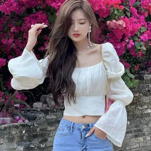 JazzHer Flare Sleeve Blouses Women Bow Bandage Sweet Crop Long Sleeve Blouse Female Sexy Chic Slim Square Collar Tops New