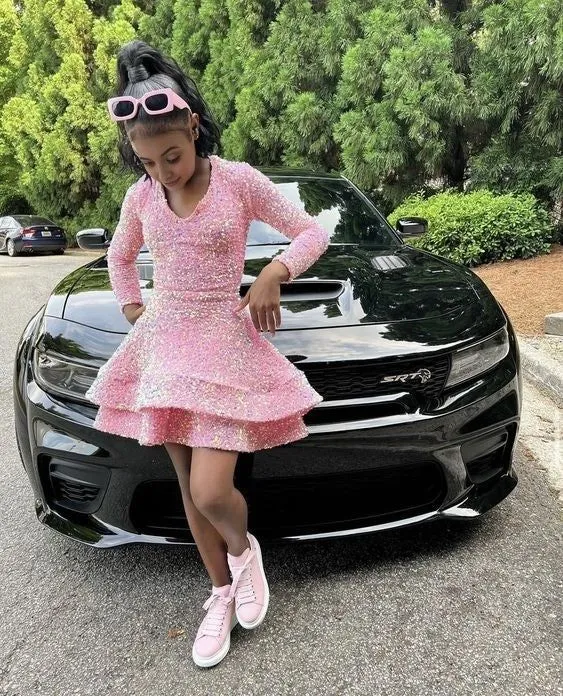 JazzHer Pink Cocktail Dresses A-Line V-Neck Long Sleeve Shiny Sequin Homecoming Dresses (PRE-ORDER)