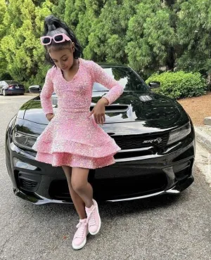 JazzHer Pink Cocktail Dresses A-Line V-Neck Long Sleeve Shiny Sequin Homecoming Dresses (PRE-ORDER)