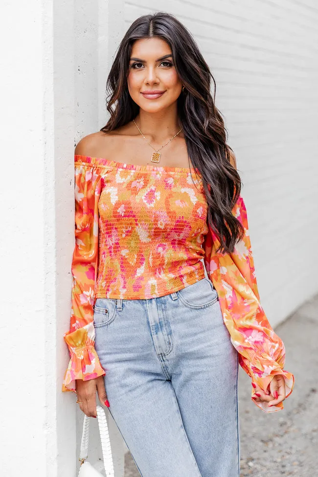 Just A Moment Orange Floral Print Off The Shoulder Blouse FINAL SALE