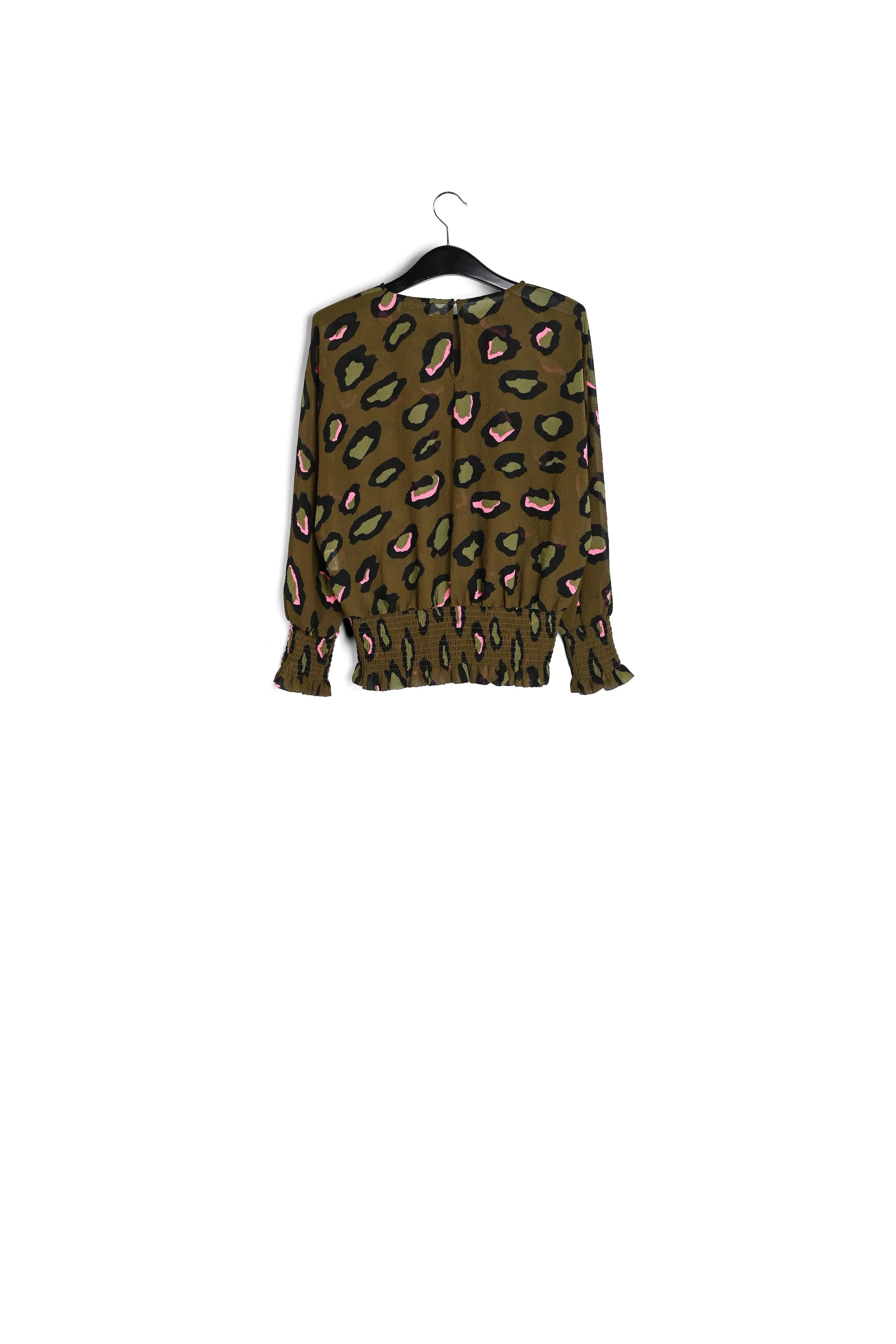 Khaki smocked top with leopard print