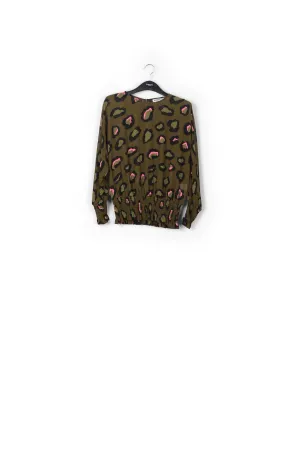 Khaki smocked top with leopard print
