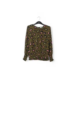 Khaki smocked top with leopard print