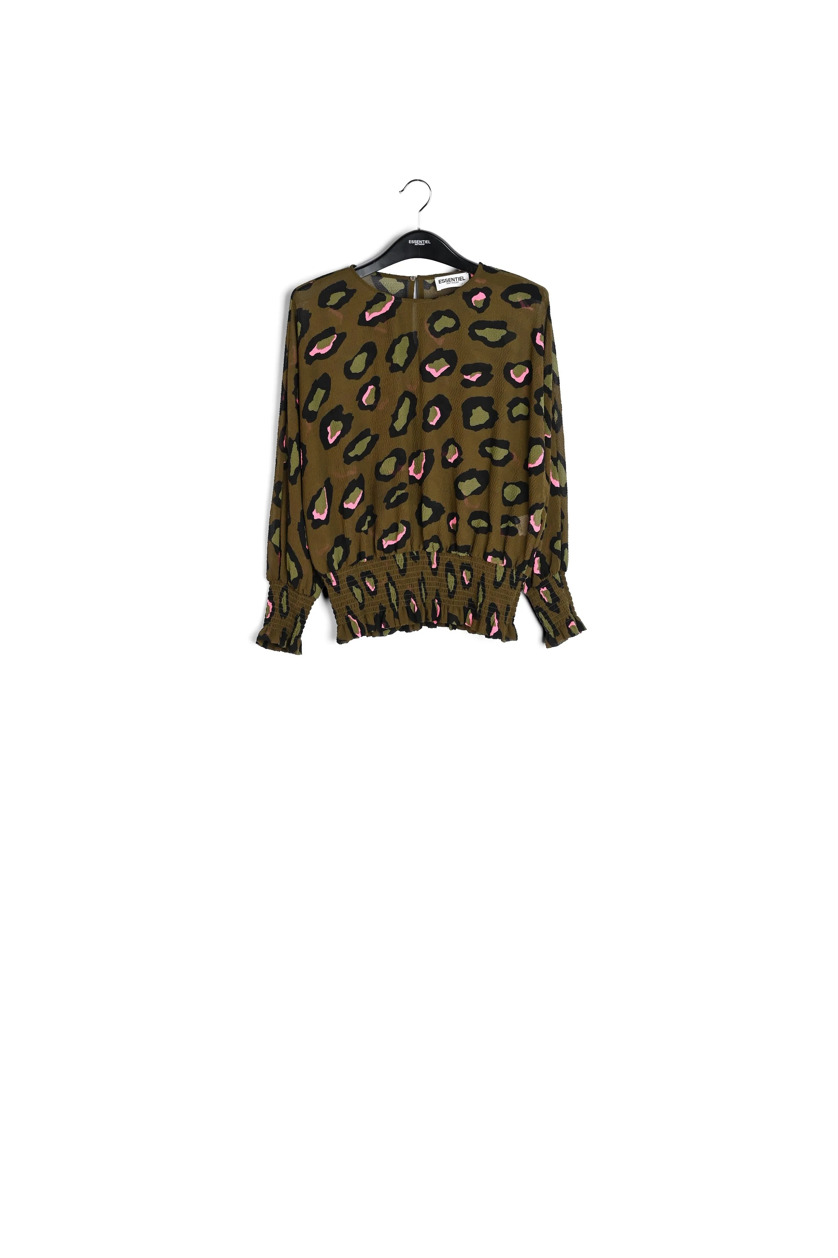 Khaki smocked top with leopard print