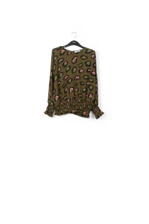 Khaki smocked top with leopard print