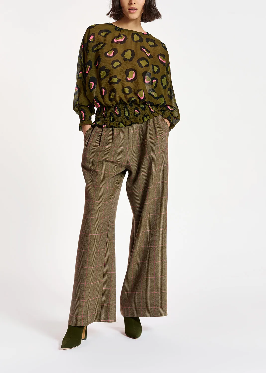Khaki smocked top with leopard print