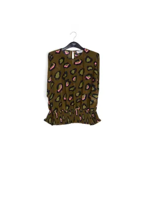 Khaki smocked top with leopard print