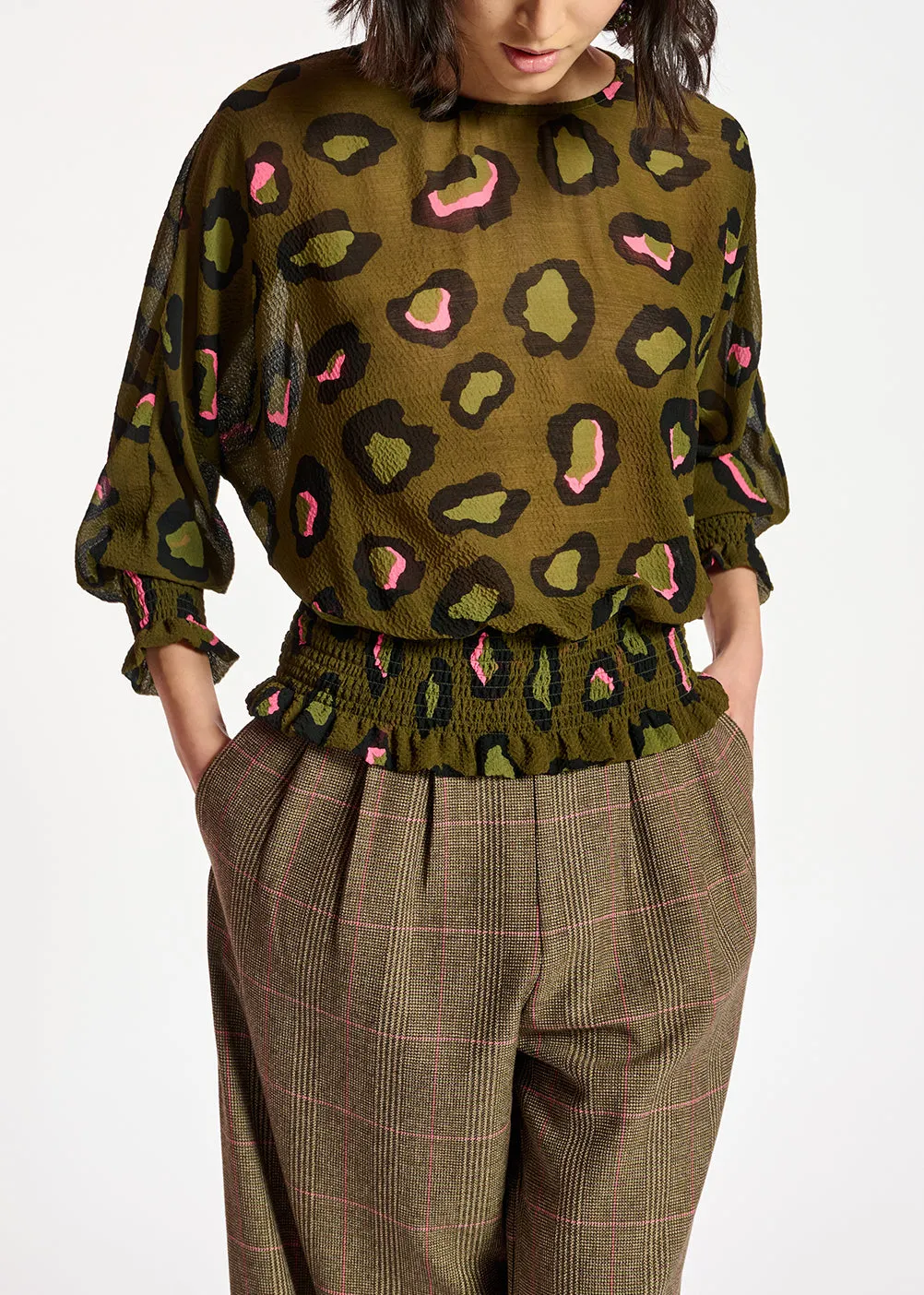 Khaki smocked top with leopard print