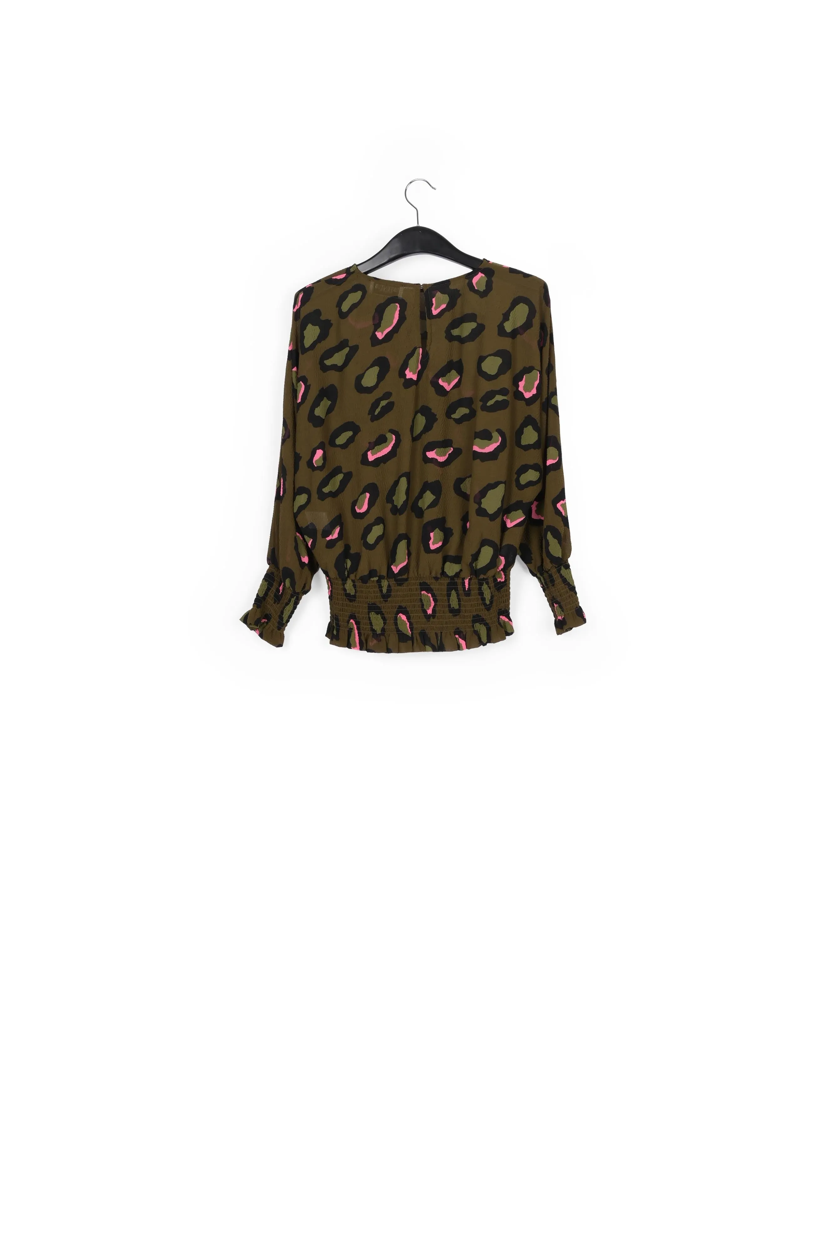 Khaki smocked top with leopard print