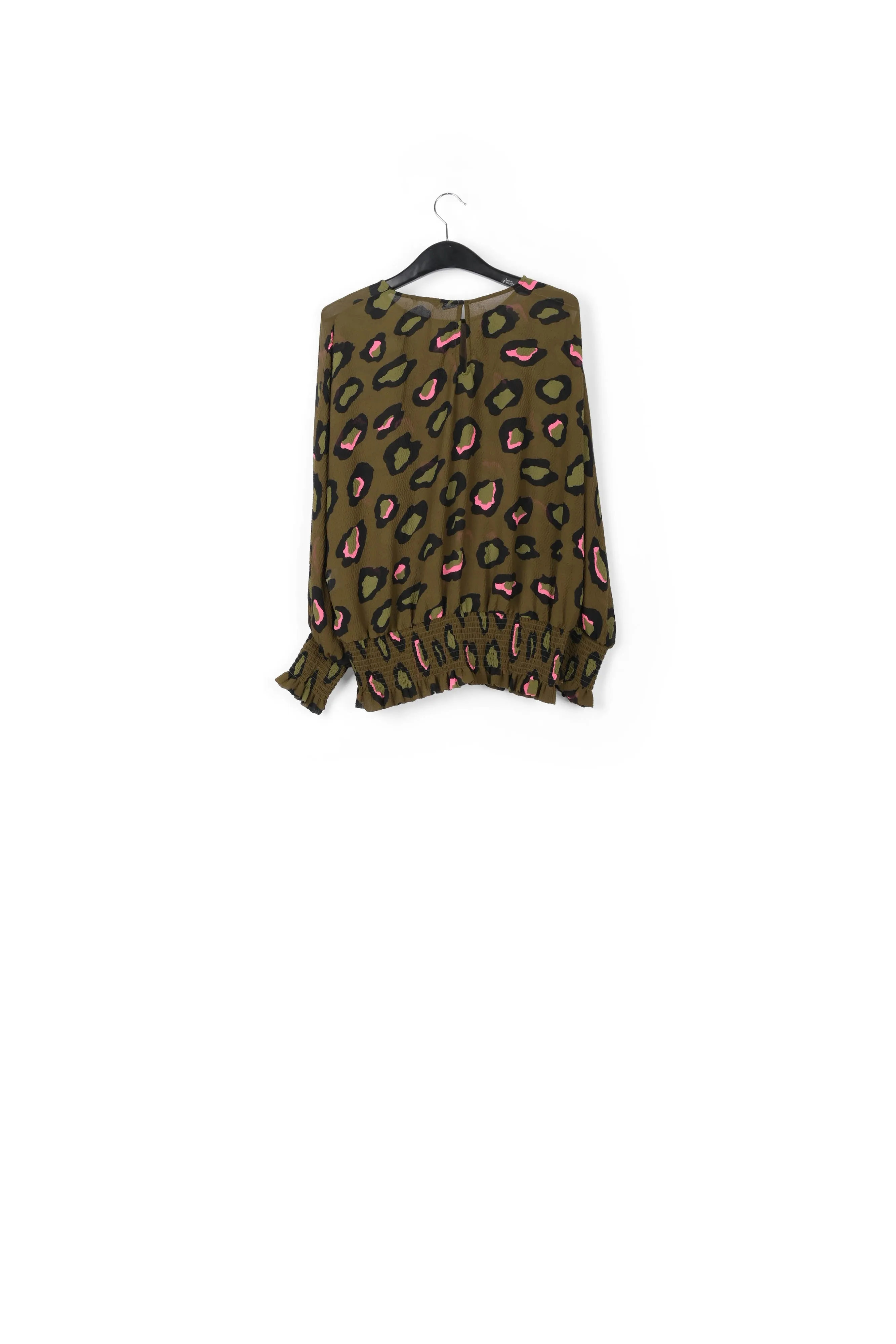 Khaki smocked top with leopard print