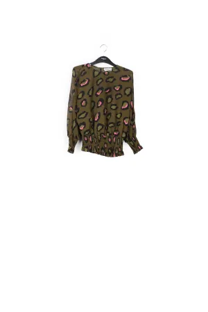 Khaki smocked top with leopard print