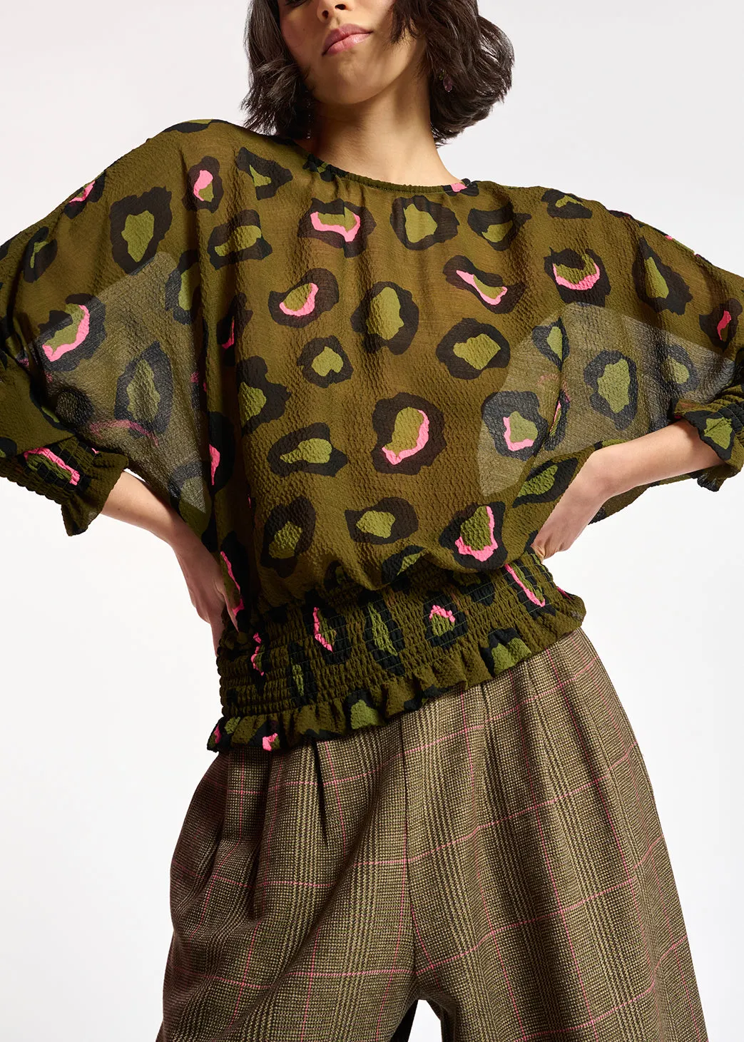 Khaki smocked top with leopard print