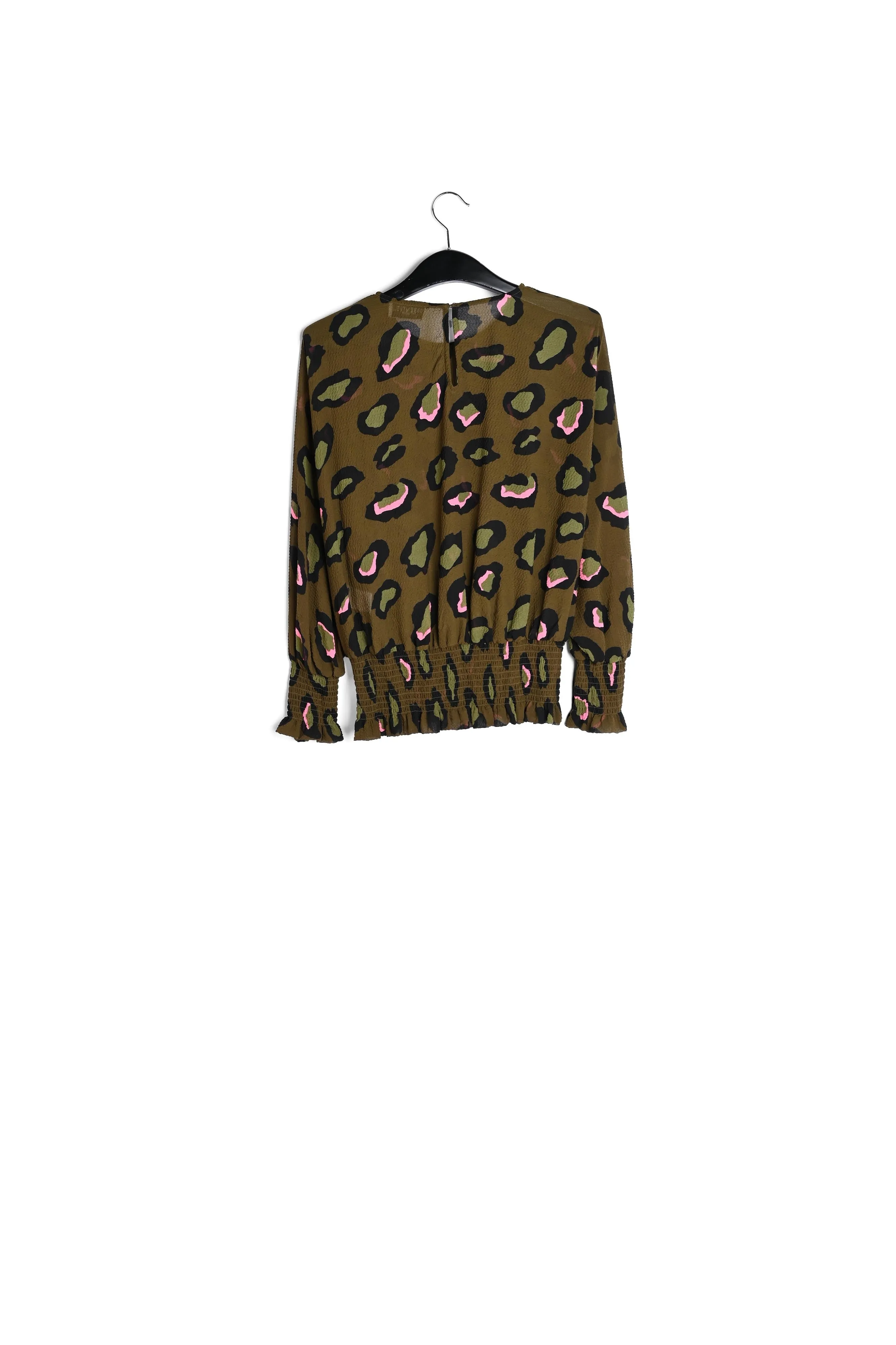 Khaki smocked top with leopard print