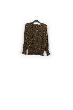 Khaki smocked top with leopard print