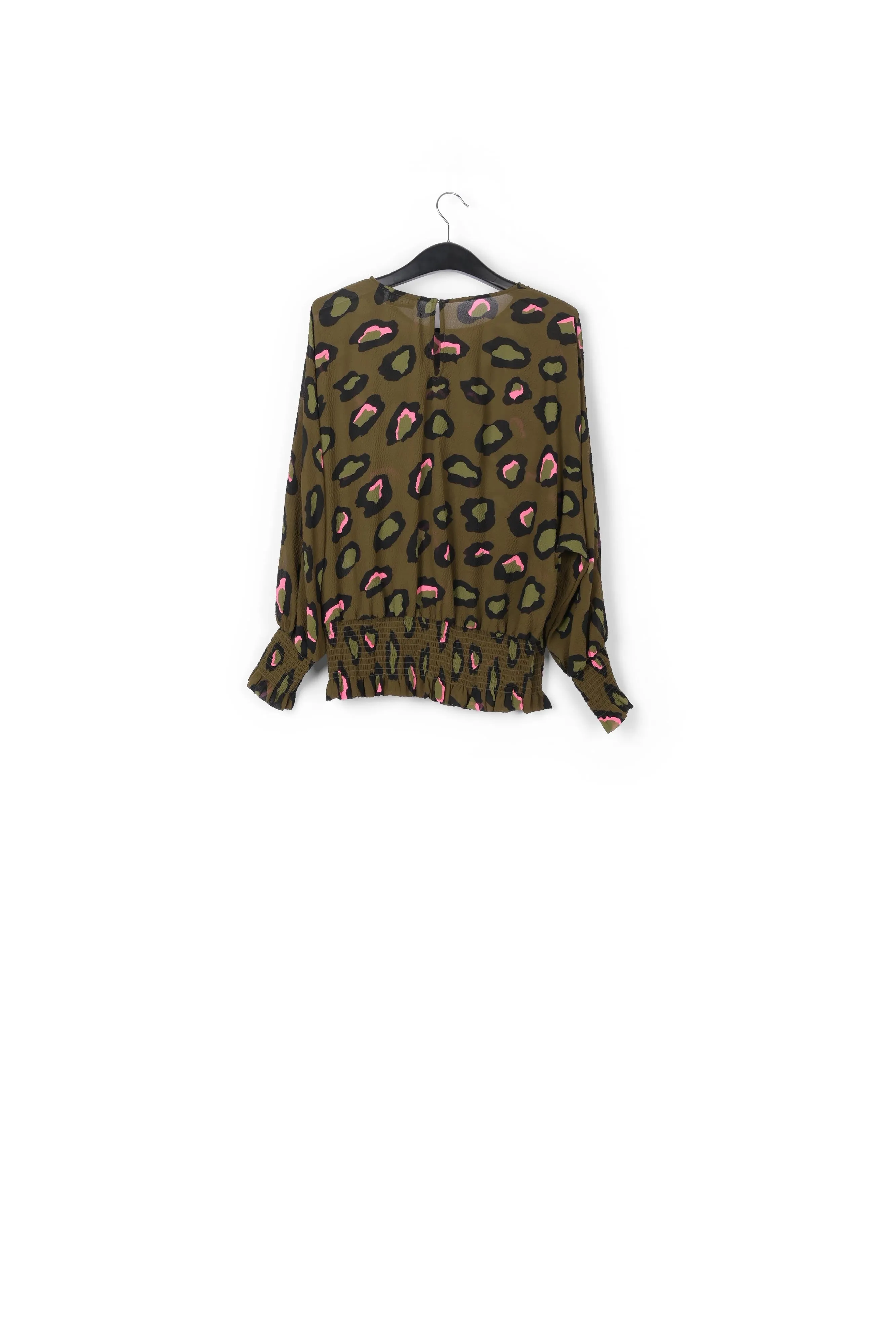 Khaki smocked top with leopard print