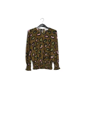 Khaki smocked top with leopard print