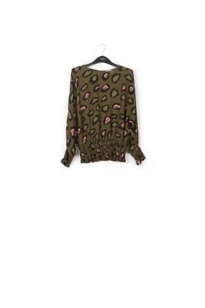 Khaki smocked top with leopard print