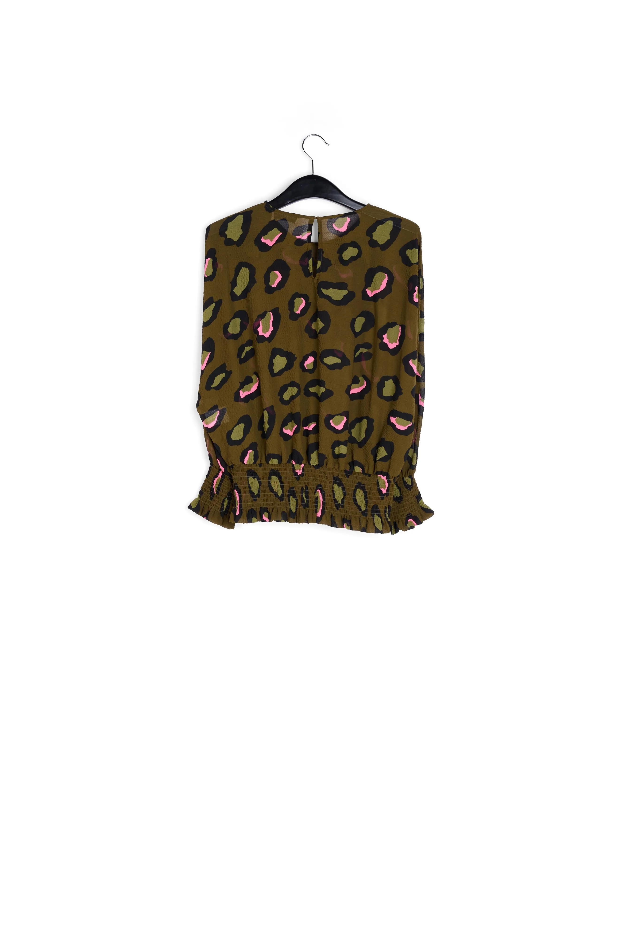 Khaki smocked top with leopard print
